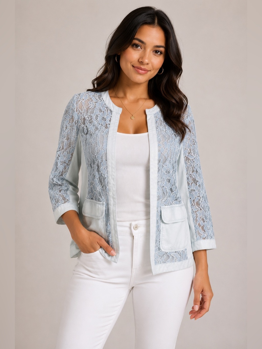 Chico’s Size 3 Open Front Chambray Lace Jacket Women’s XL Light Blue 3/4 Sleeve